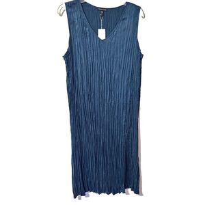 NWT Eileen‎ Fisher Womens Tiered Dress Blue L Crushed Cupro V Neck Sleeveless